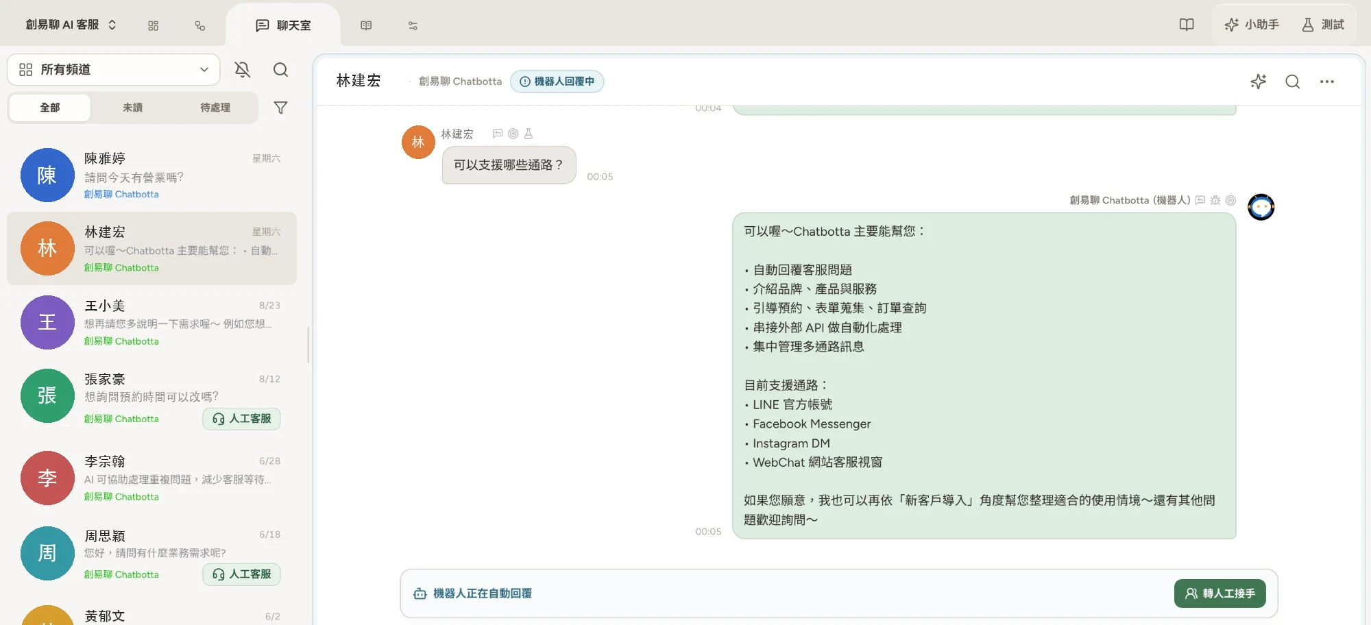 聊天室介面：左側為多平台對話列表，右側為對話內容與機器人回覆